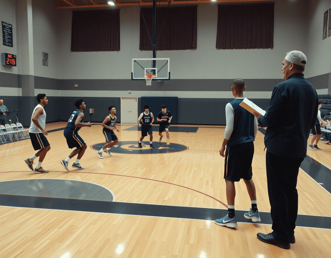 Defensa zona baloncesto en acción: jugadores ejecutan un pase y movimiento cerca del perímetro.