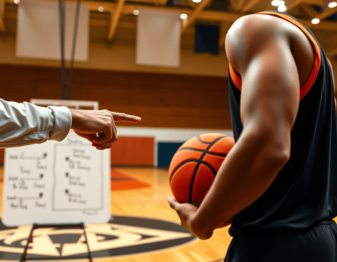 Ala pivot baloncesto en ingles en práctica de juego: entrenador señala movimientos con pizarra.