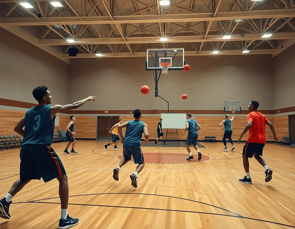 Ala pivot baloncesto en ingles en pleno ejercicio de pases y movimiento.