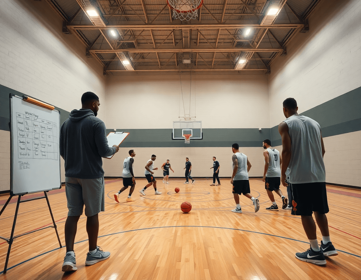 Definir ala pivot baloncesto en ingles: entrenador dirige una sesión de baloncesto con PF en la cancha.