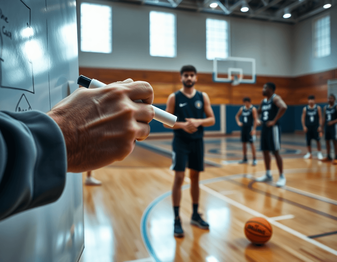 Primer plano de las manos del entrenador señalando la pizarra baloncesto durante una jugada de entrenamiento.