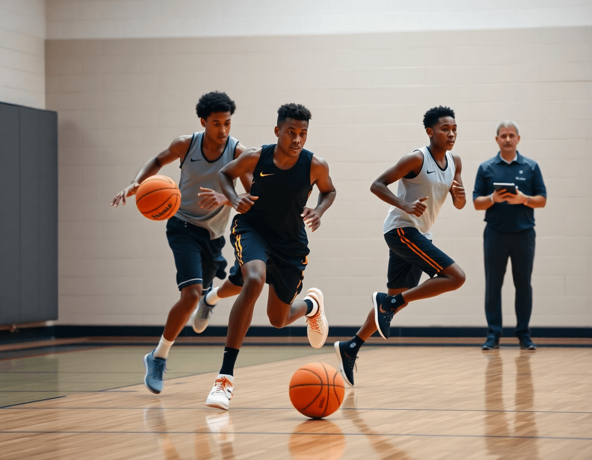 La pizarra baloncesto en el costado ayuda a dos jugadores durante un drill de transición.