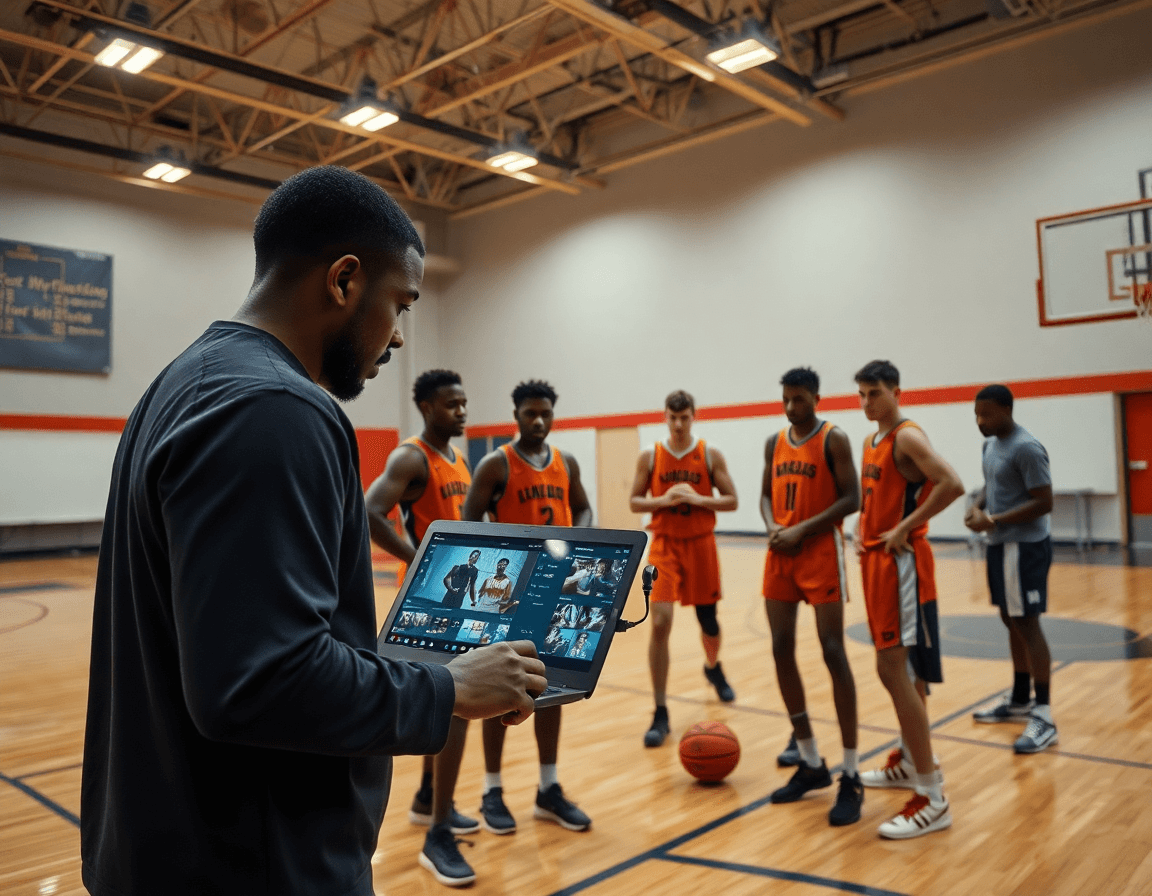 Monitor muestra clips de video para la pizarra baloncesto, rodeado de jugadores atentos.