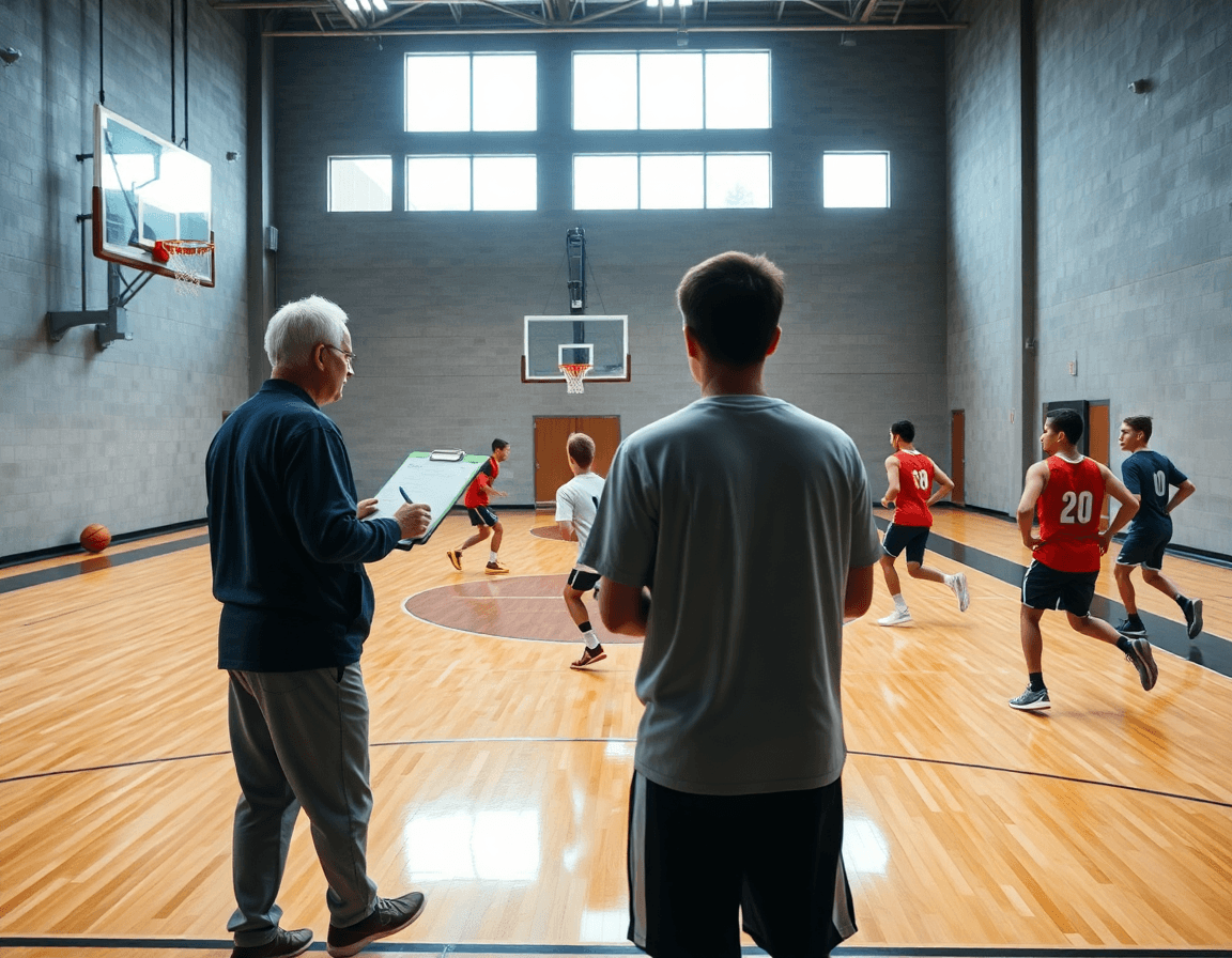 Gran escena de baloncesto en un gimnasio: entrenador con pizarra baloncesto dirigiendo al equipo durante práctica.