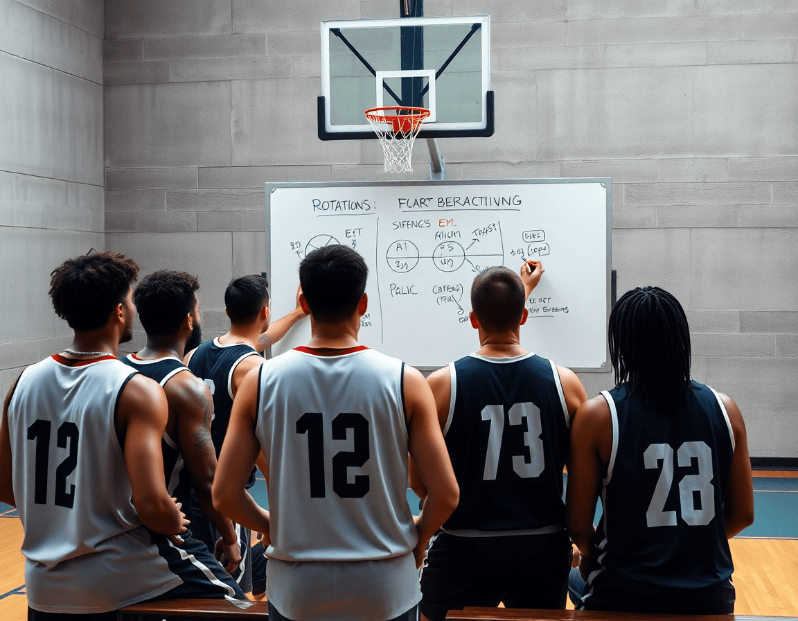 Entrenador dibuja rotaciones para el ejercicio defensa baloncesto en la pizarra, rodeado de jugadores.