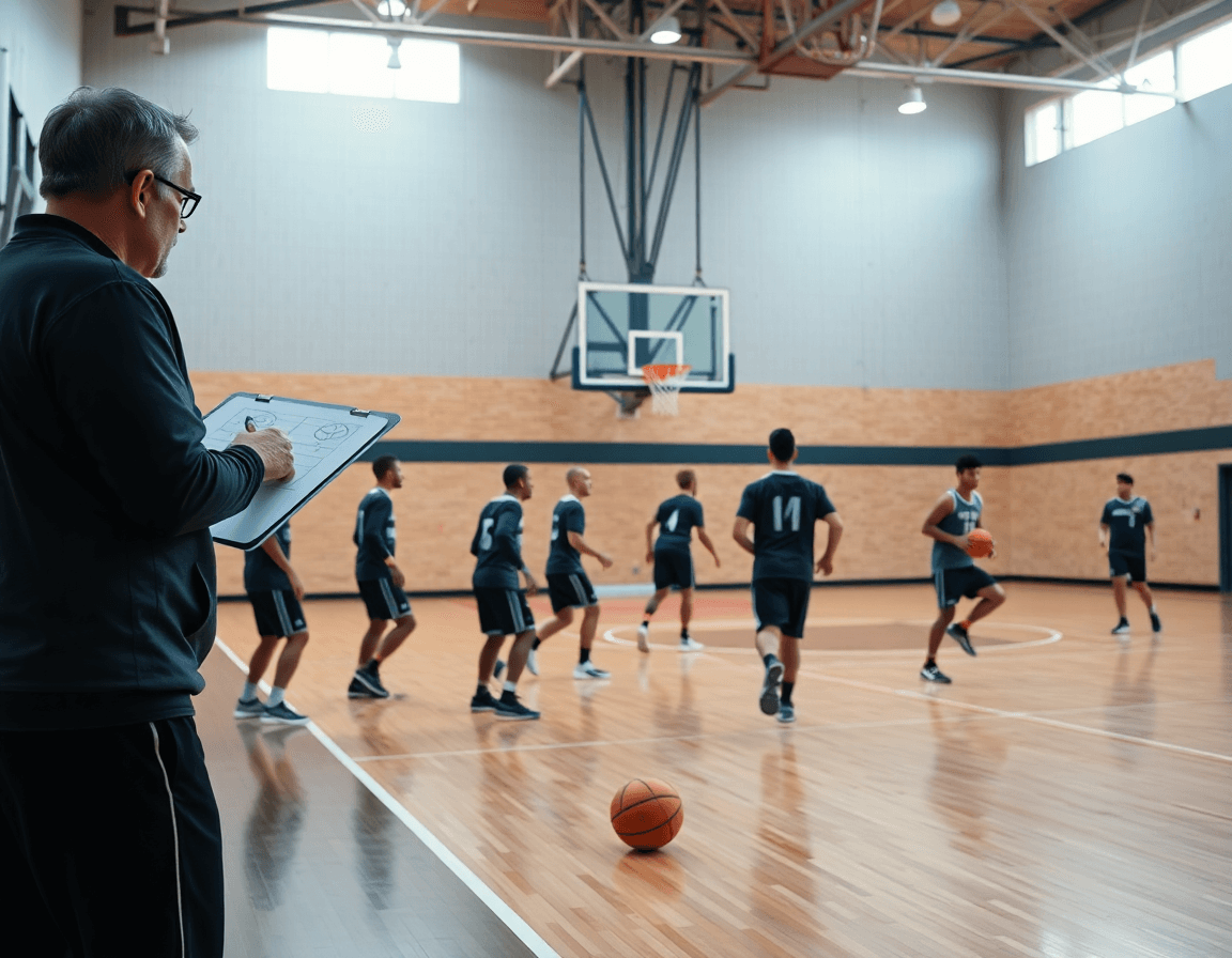 Ejercicio defensa baloncesto en una cancha amplia, entrenador y equipo practicando durante el entrenamiento.