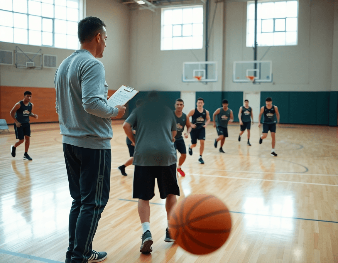 Basketball coach leading a team practice in a gym