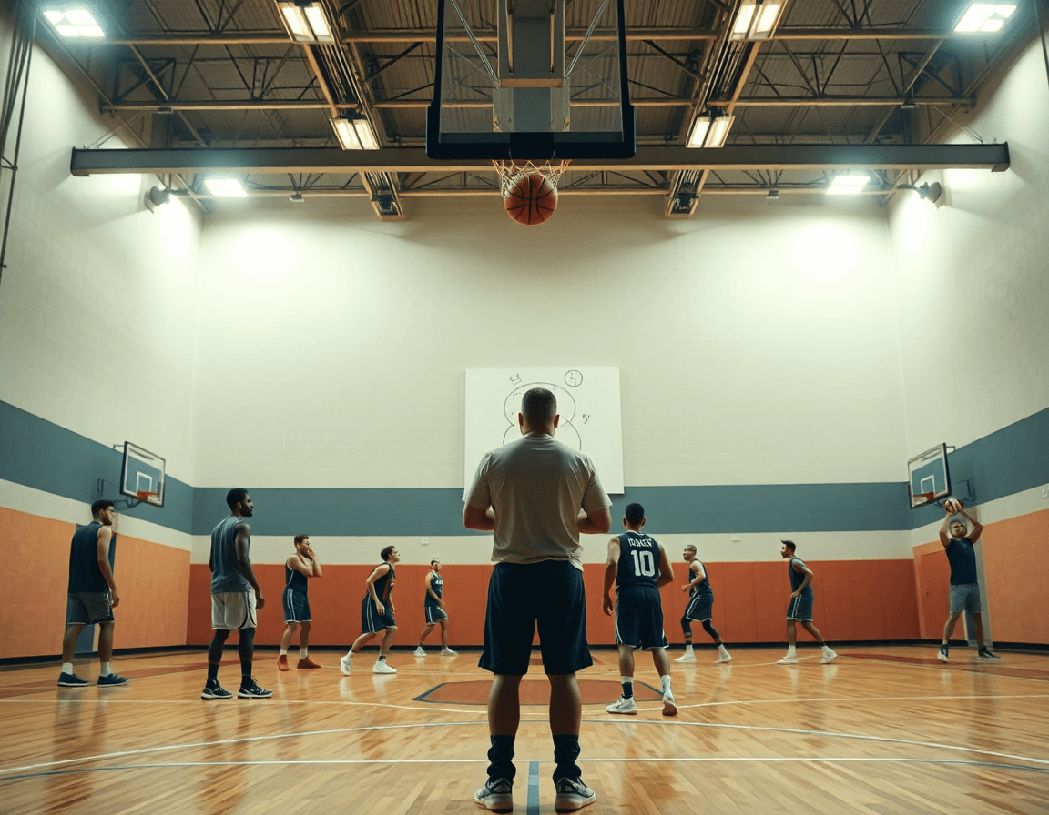 Escena amplia en un gimnasio de baloncesto mostrando ejercicios de ataque y defensa baloncesto en acción.