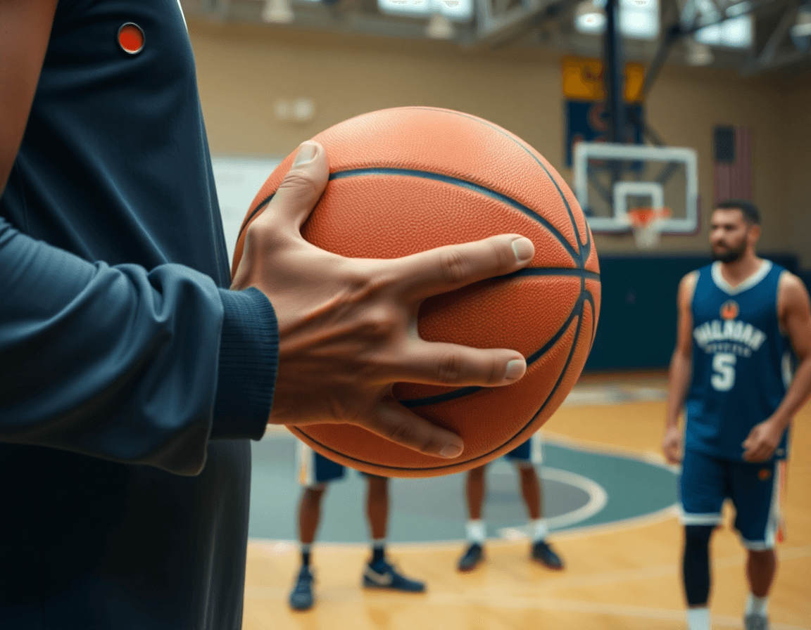 Plano cercano de manos agarrando una pelota, mostrando ejercicios baloncesto ataque y defensa pdf en acción.
