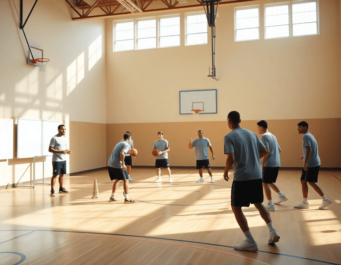 Entrenador señalando con pizarra táctica mientras jugadores de baloncesto ejecutan ejercicios baloncesto ataque y defensa pdf en cancha.