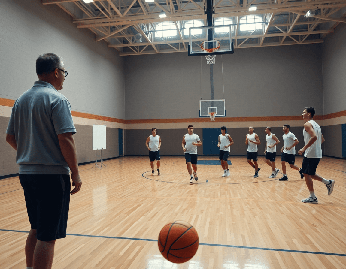 Escena amplia de baloncesto en gimnasio con ejercicios baloncesto ataque y defensa pdf para entrenadores.