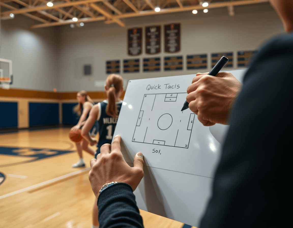 Primer plano del entrenador diseñando ejercicios baloncesto cadete femenino en la pizarra durante práctica.
