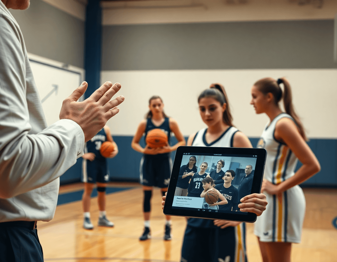 Plano cercano muestra ejercicios baloncesto cadete femenino con entrenador analizando video en tablet.