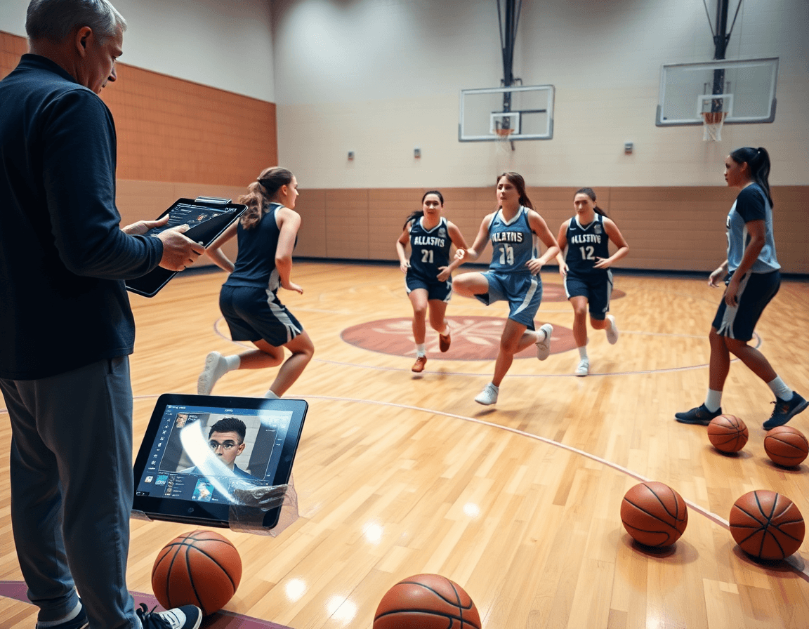 Escena de entrenamiento de ejercicios baloncesto cadete femenino con táctica y análisis de rivales en tablero.