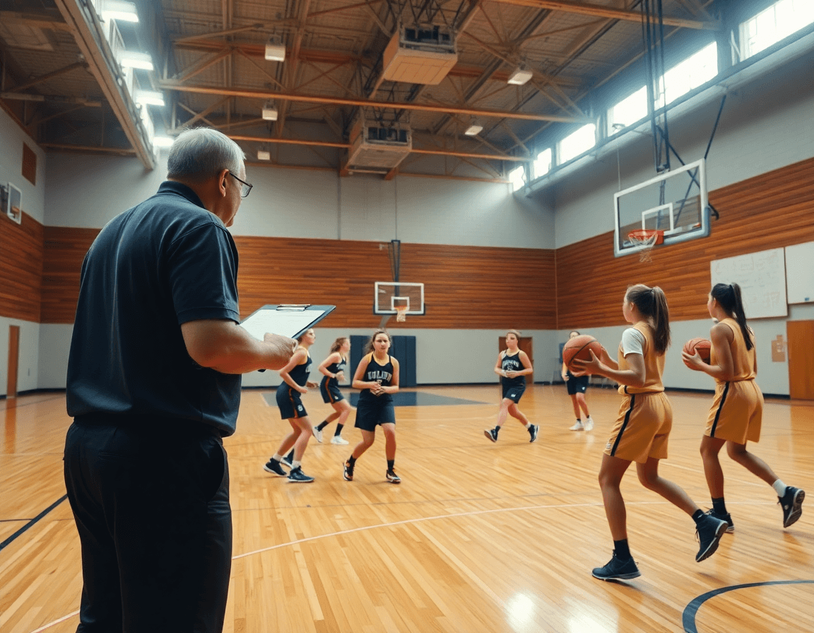 Plano general de ejercicios baloncesto cadete femenino practicando en una cancha de baloncesto iluminada.