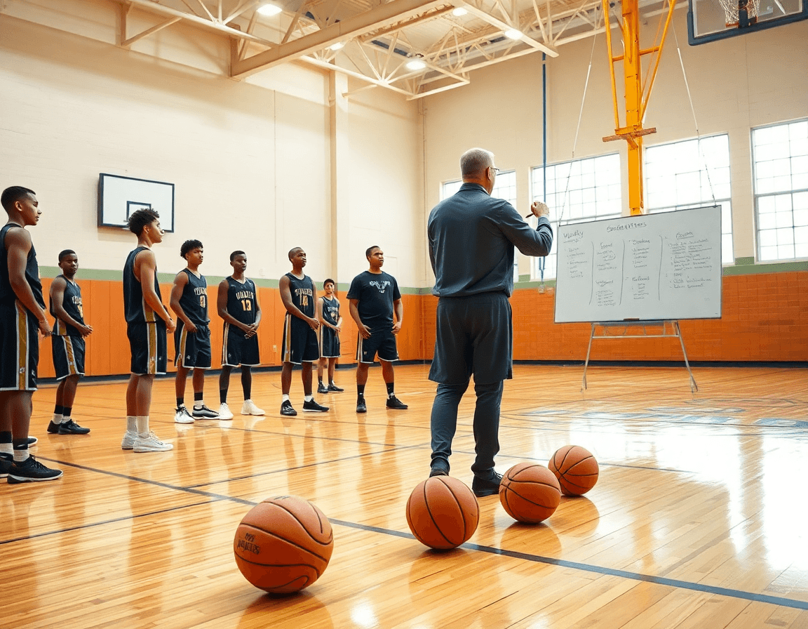 Cadetes de baloncesto trabajan objetivos semanales; ejercicios baloncesto cadete visibles en una cancha iluminada.