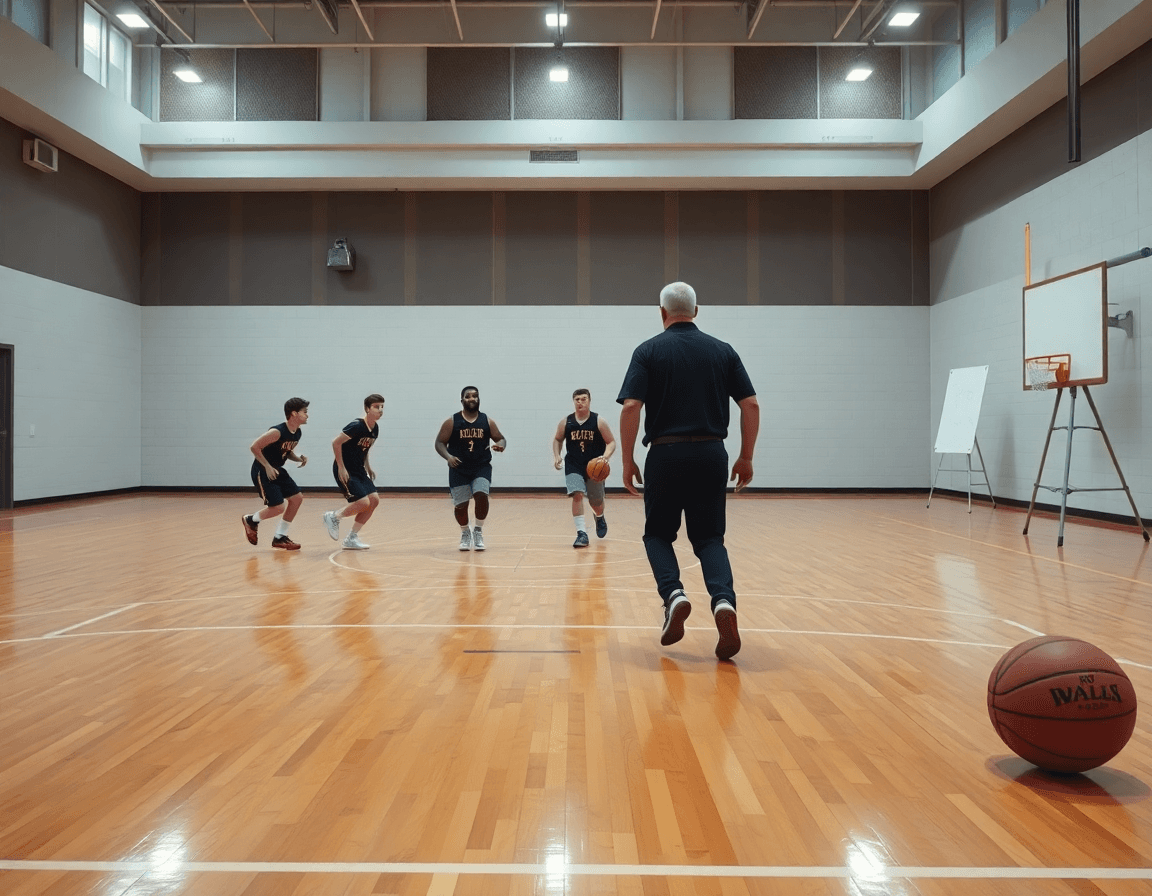 Jugadores ejecutan movimientos de tiro y pase; ejercicios baloncesto cadete mientras el entrenador señala tácticas.