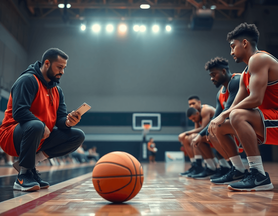El entrenador revisa clips en una tablet junto a los cadetes; ejercicios baloncesto cadete para seguimiento.