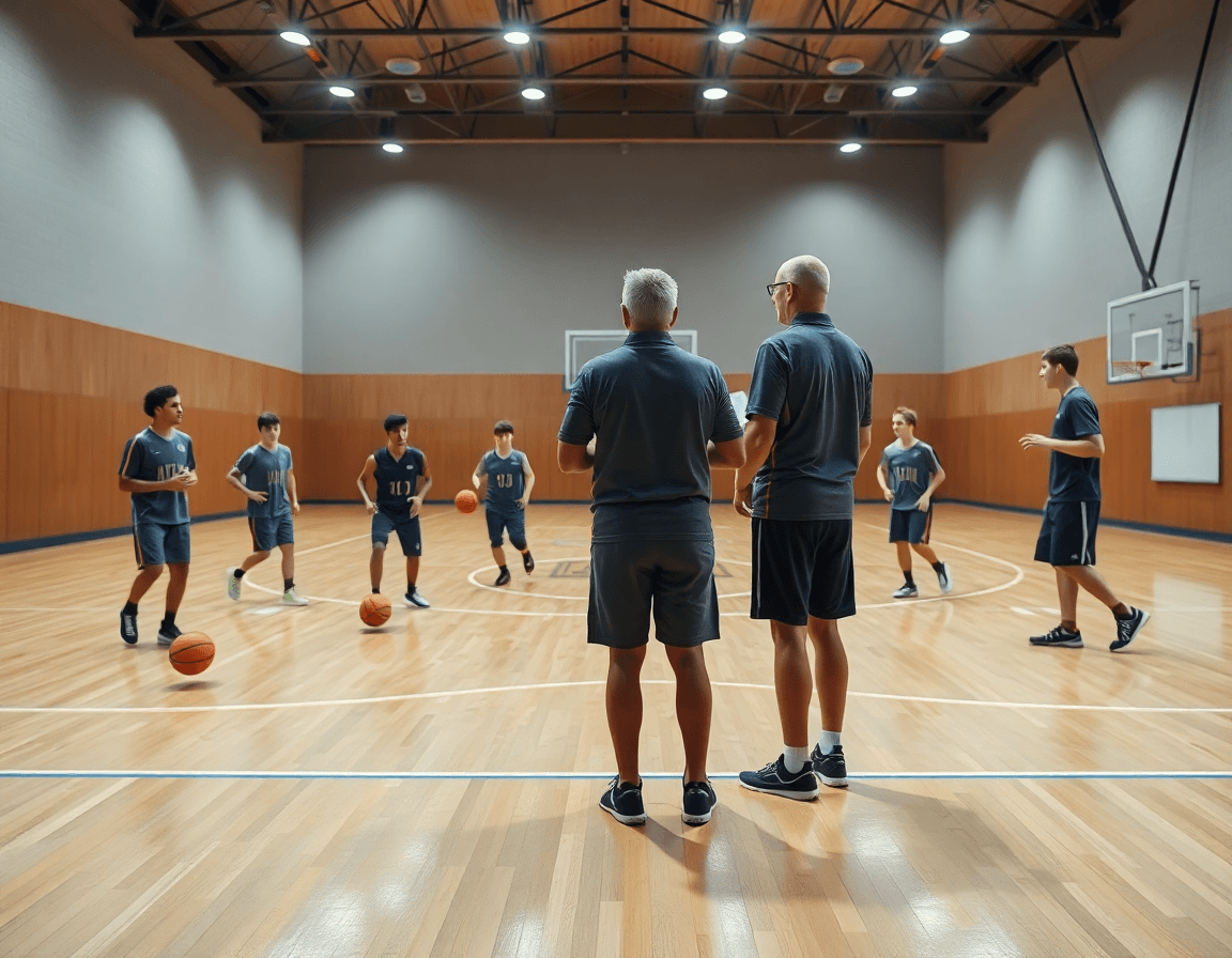 Cadetes de baloncesto entrenan en una cancha; ejercicios baloncesto cadete guiados por el entrenador.