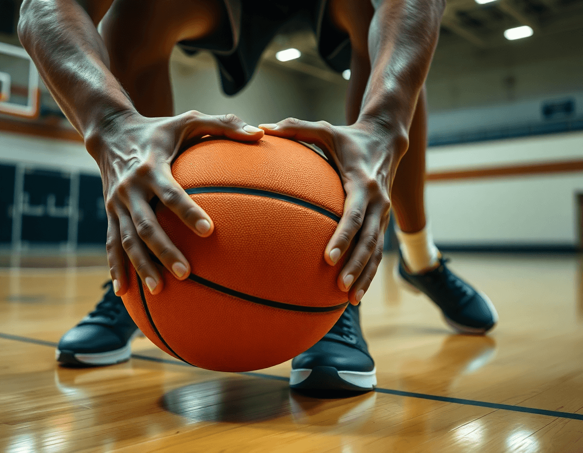 Primer plano de manos y balón naranja durante ejercicios baloncesto defensa individual; la cancha y luces del gimnasio.