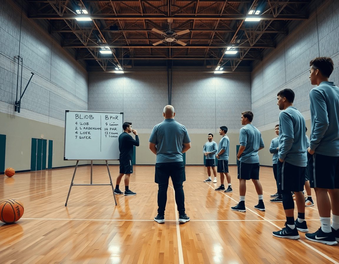 Ejercicios baloncesto defensa individual: plan semanal con entrenador dirigiendo a su equipo en la cancha.