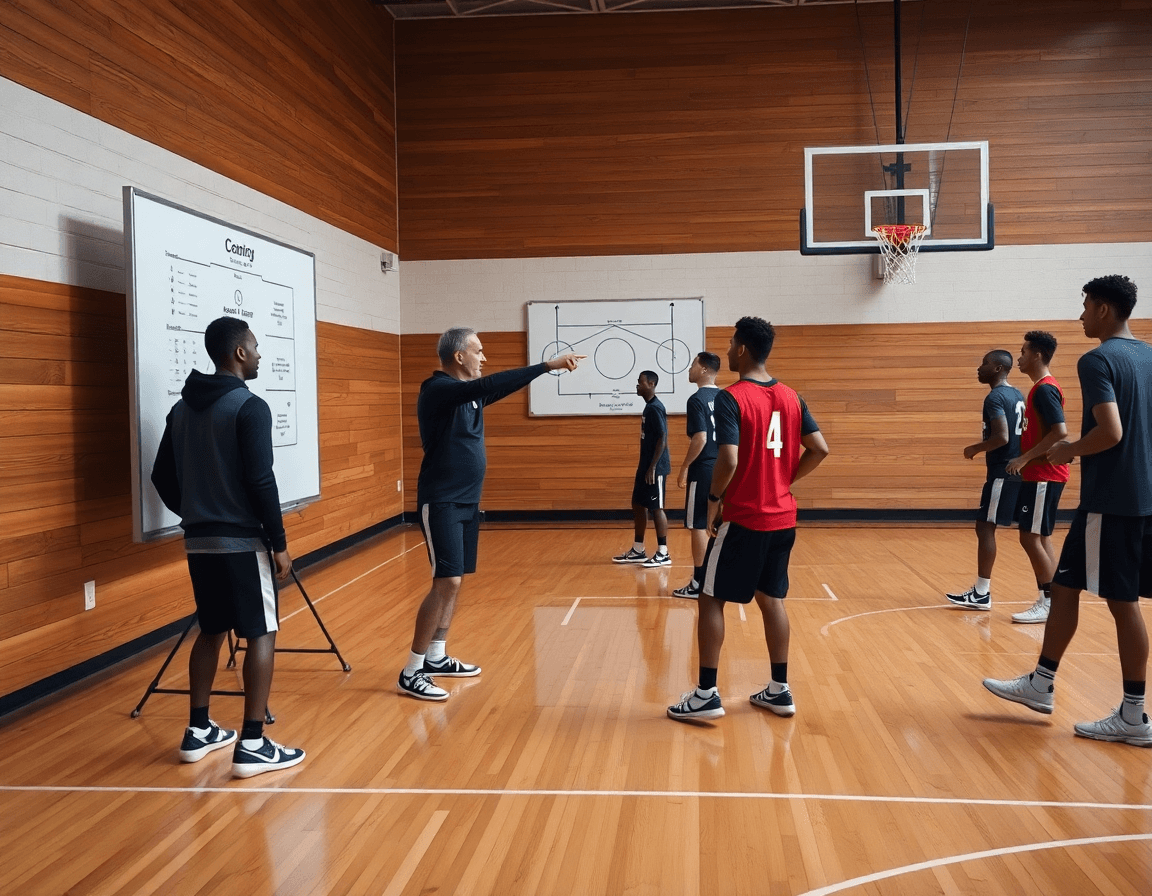 Entrenador señalando ejercicios baloncesto defensa linea de pase en pizarra, jugadores observando.