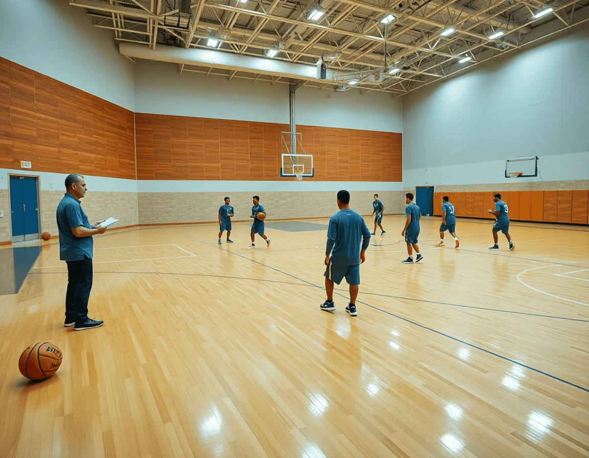 Ejercicios baloncesto defensa linea de pase: primer plano de un entrenador dirigiendo a jugadores en la cancha.