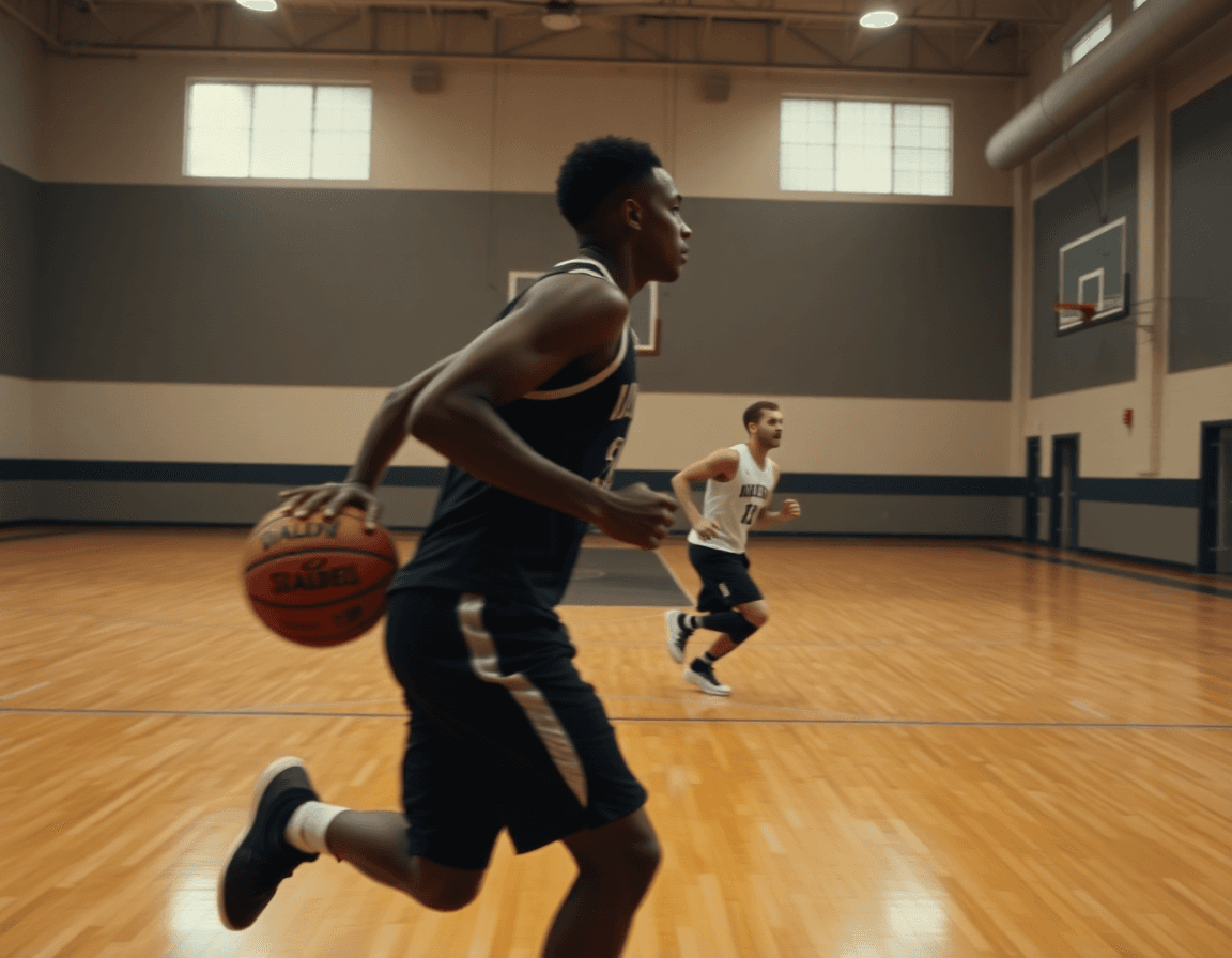 Players running a fast-break drill in practice