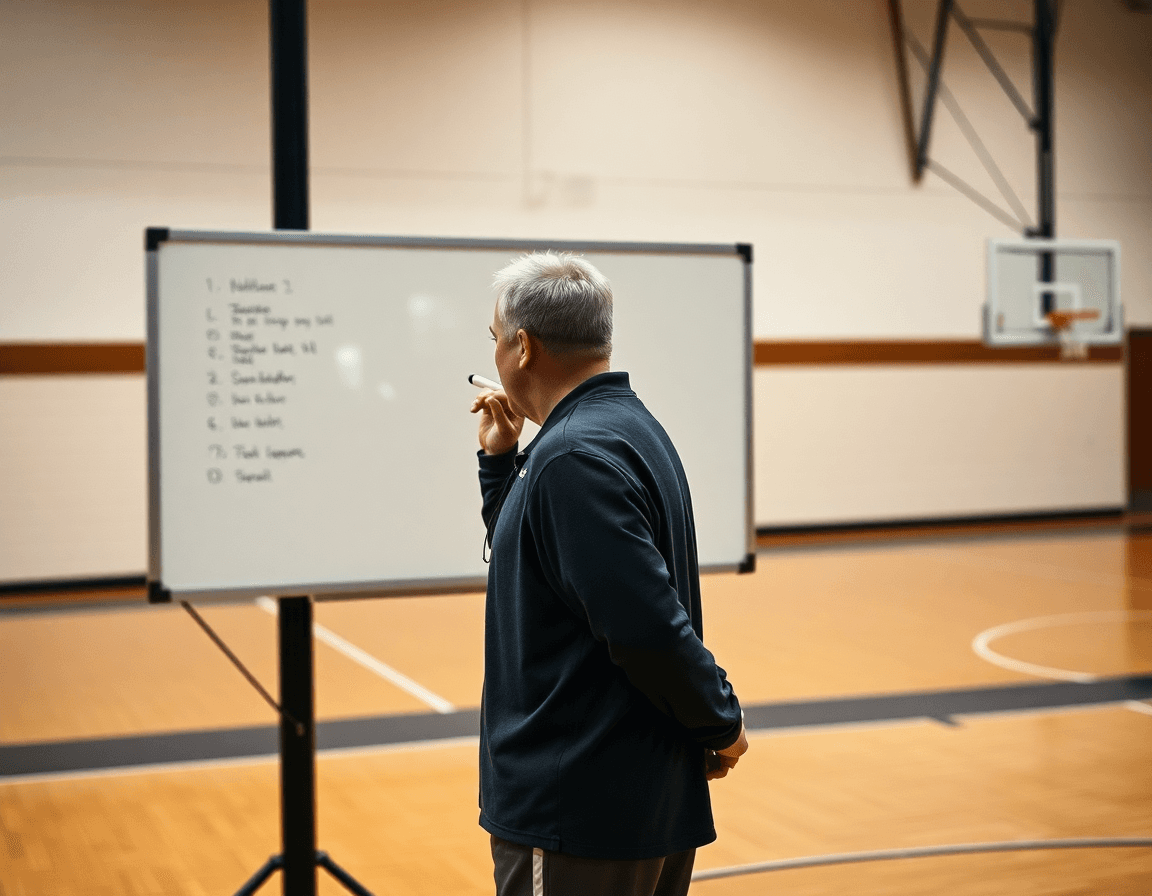 Coach explaining tactics on a gym whiteboard