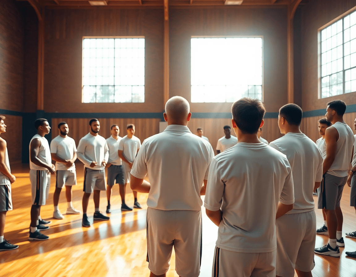 Basketball coach leading a team practice in a gym