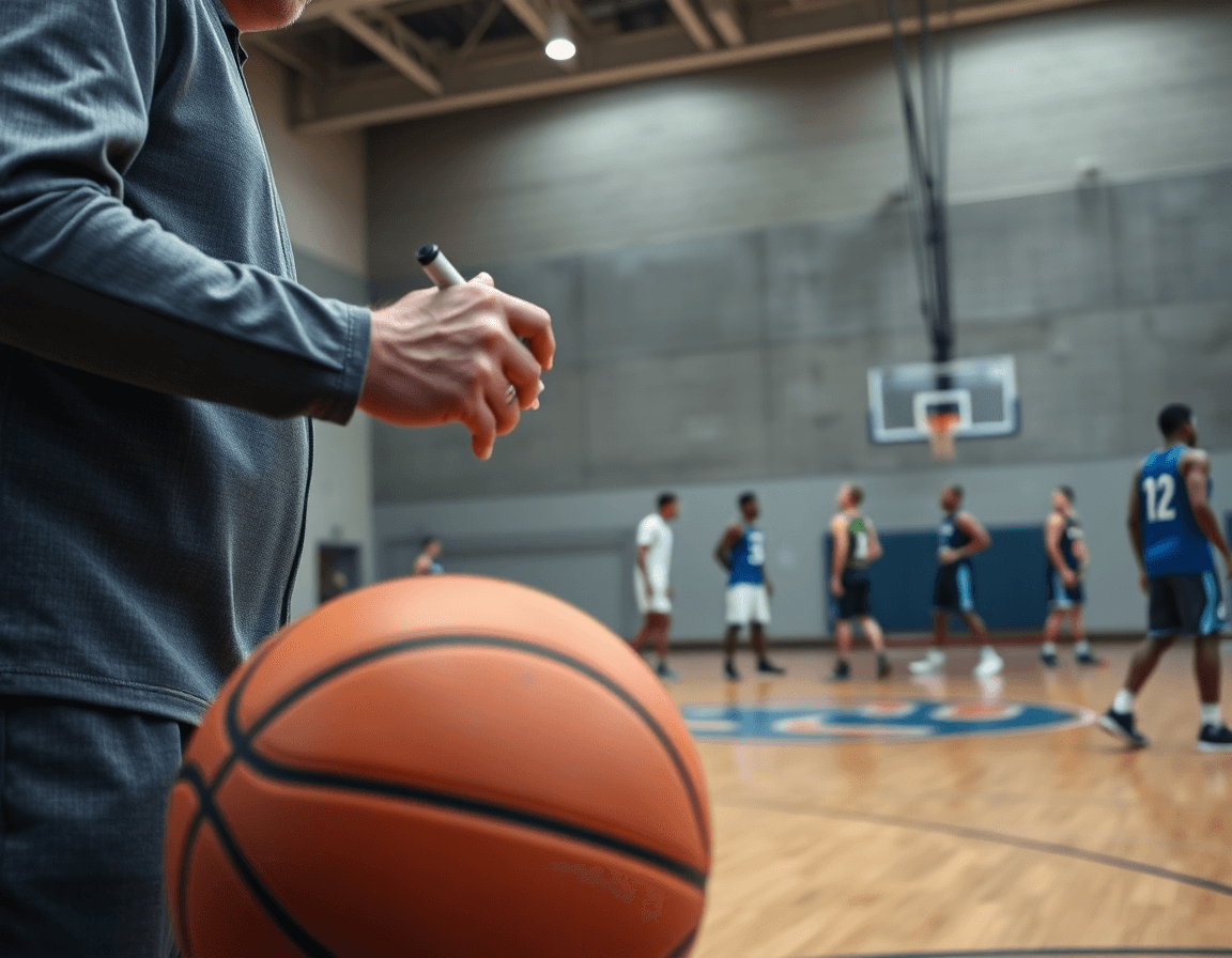 Primer plano de ejercicios baloncesto infantil femenino, manos de entrenador sobre una pizarra con jugadas.