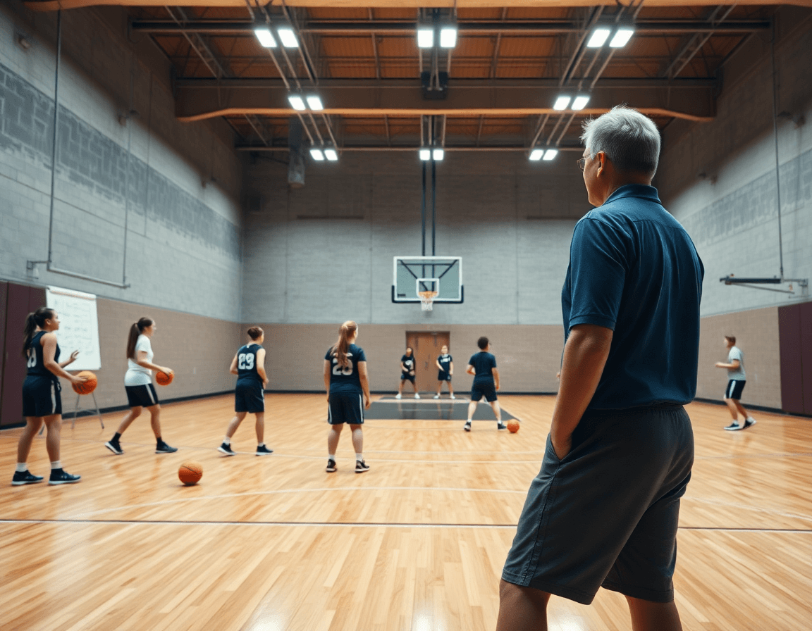 Ejercicios baloncesto infantil femenino: entrenamiento amplio en una cancha de baloncesto, con balón naranja.