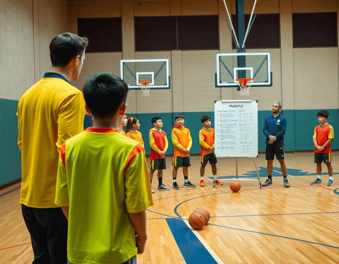 Ejercicios baloncesto categoria infantil: entrenador con pizarra durante planificación semanal en la cancha.