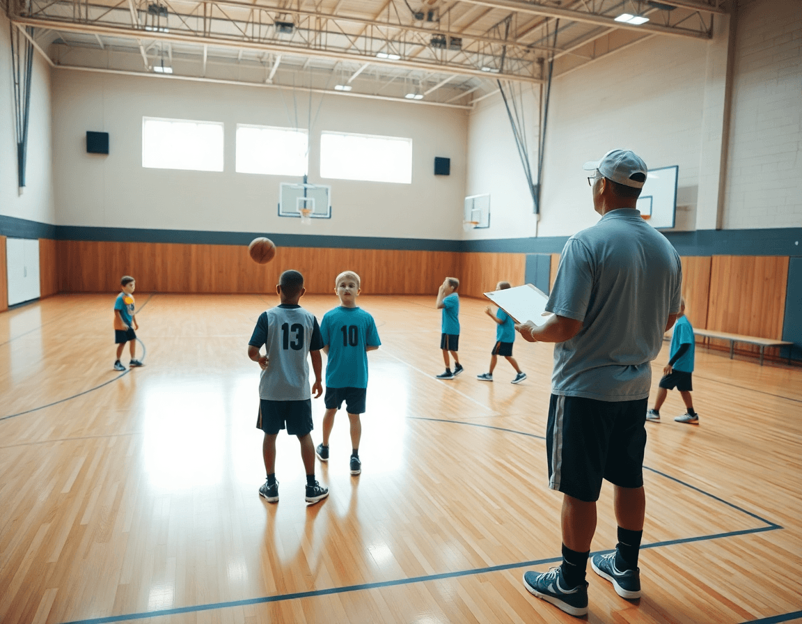 Ejercicios baloncesto categoria infantil: vista amplia de entrenamiento en gimnasio con entrenador, jugadores y balón naranja.