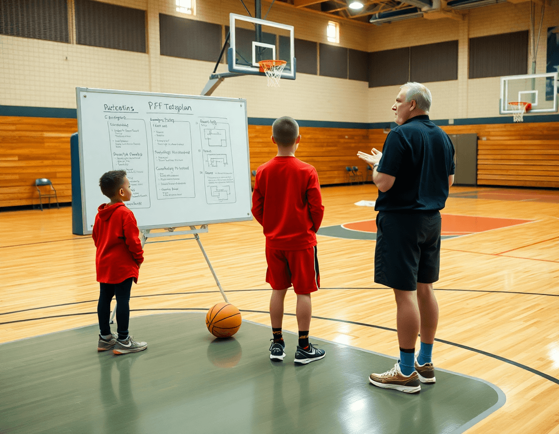 Primer plano de entrenador usando un whiteboard para convertir ejercicios baloncesto infantil pdf en jugadas.