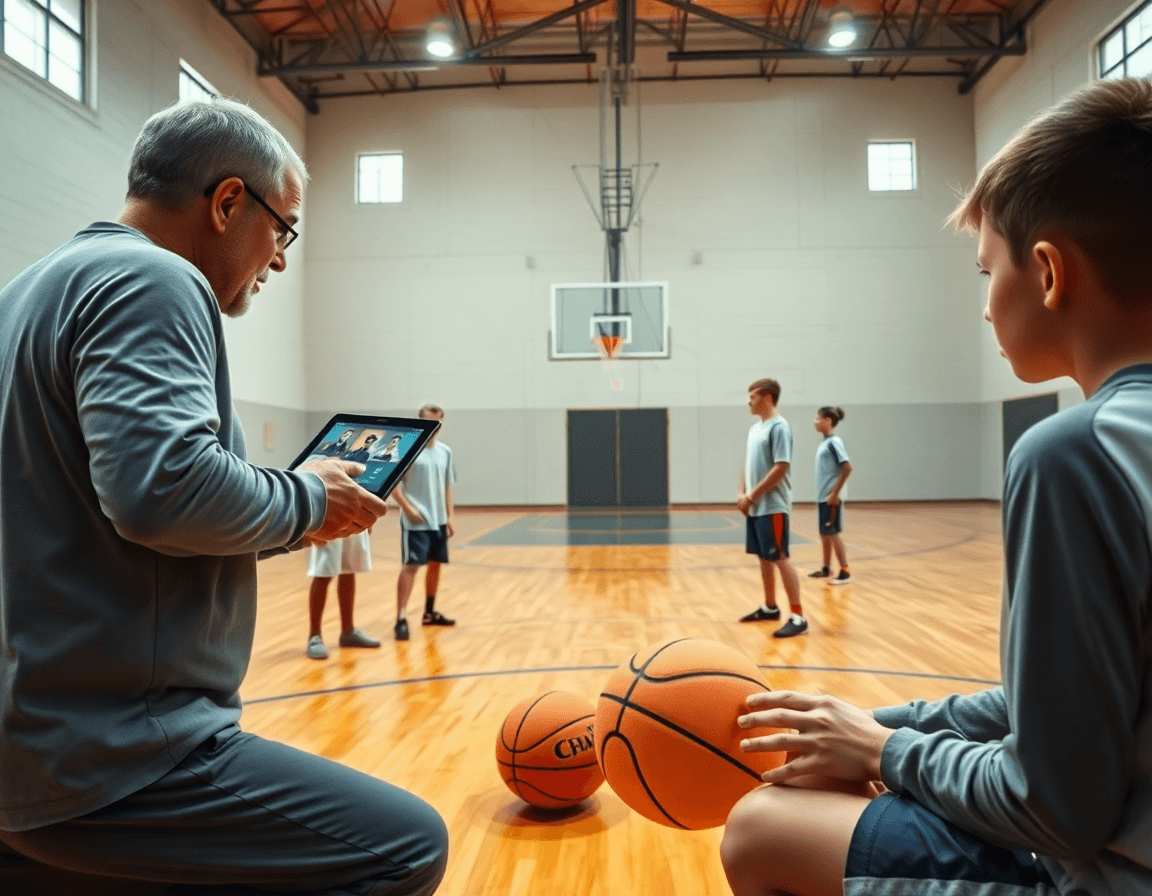 Primer plano de entrenador usando clips de video para convertir ejercicios baloncesto infantil pdf en práctica.