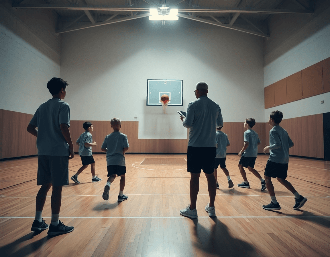 Plano general de un coach de baloncesto entrenando a niños con ejercicios baloncesto infantil pdf en la cancha.