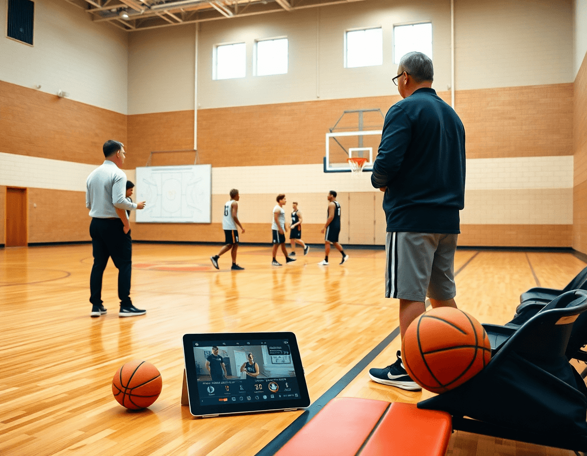 Primer plano de entrenador de baloncesto dirigiendo un pase, durante ejercicios baloncesto infantil.