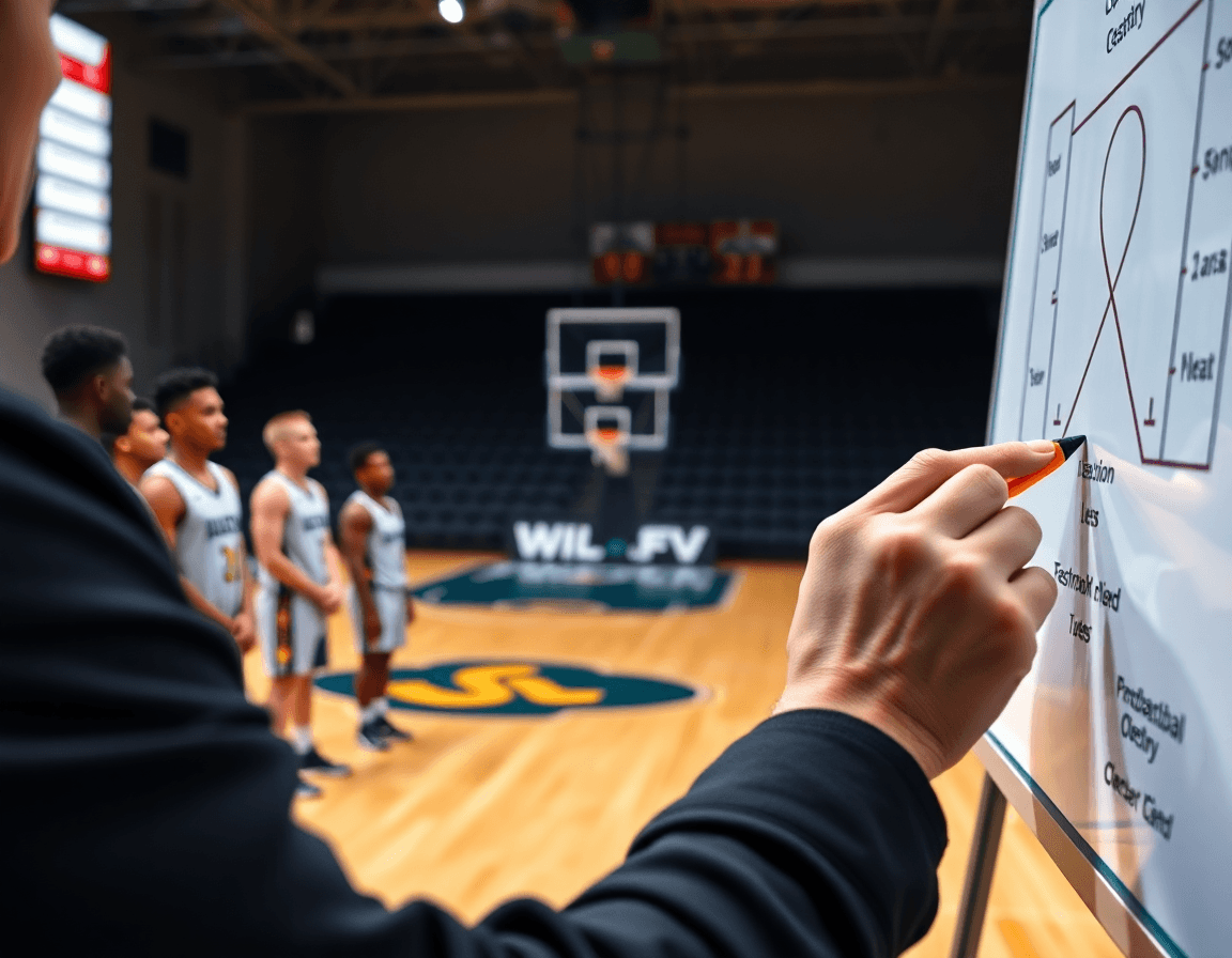 Primer plano de manos del entrenador dibujando ejercicios baloncesto infantil en un tablero táctico.