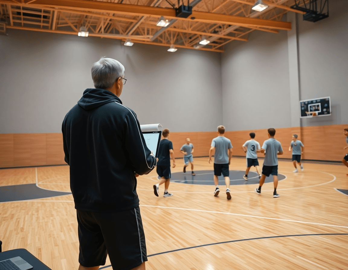 Escena amplia de ejercicios baloncesto infantil en una cancha interior con entrenador y jugadores.