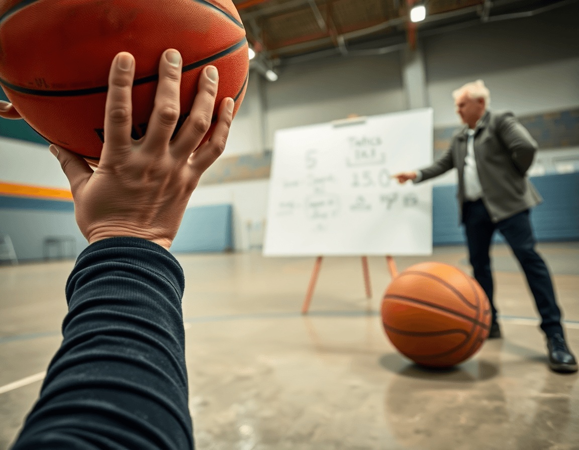 Primer plano de ejercicios baloncesto junior, con manos sosteniendo un balón de baloncesto y entrenador señalando tácticas.