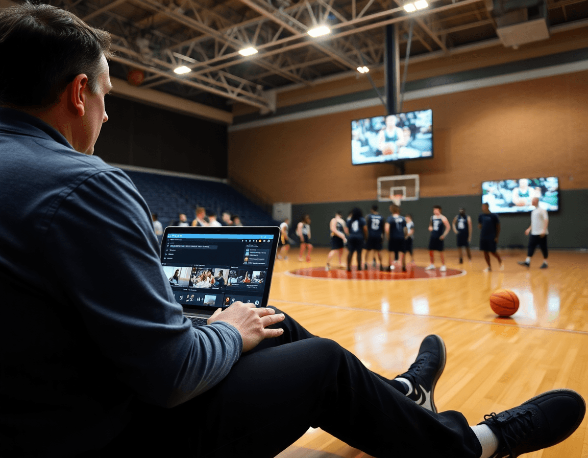 Planos cercanos de ejercicios baloncesto junior mostrando edición de clips de baloncesto en una laptop.