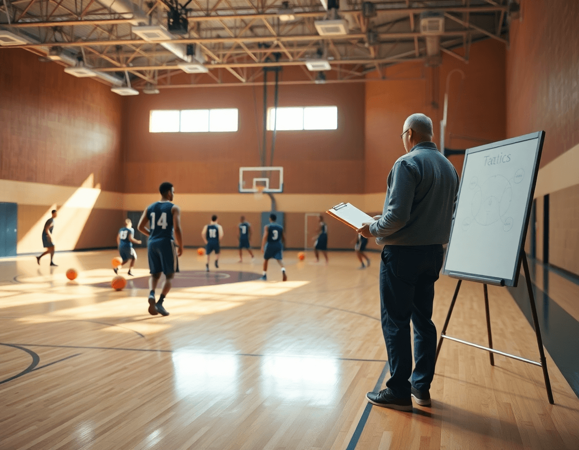 Escena amplia en una cancha de baloncesto, mostrando ejercicios baloncesto junior en pleno entrenamiento.