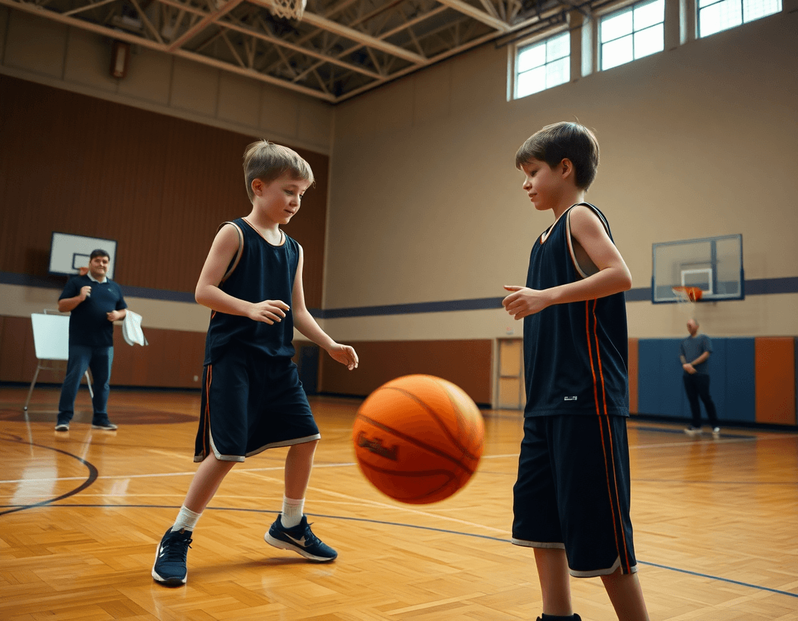 Primer plano de ejercicios baloncesto mini con balón naranja y entrenador señalando.