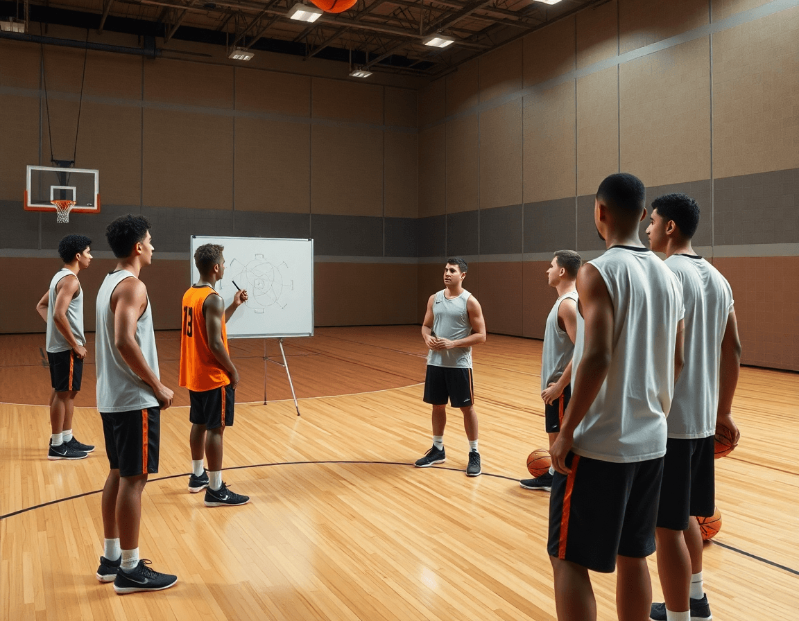 Plano cercano de pizarra táctica y balones de baloncesto, ejercicios baloncesto mini en acción.