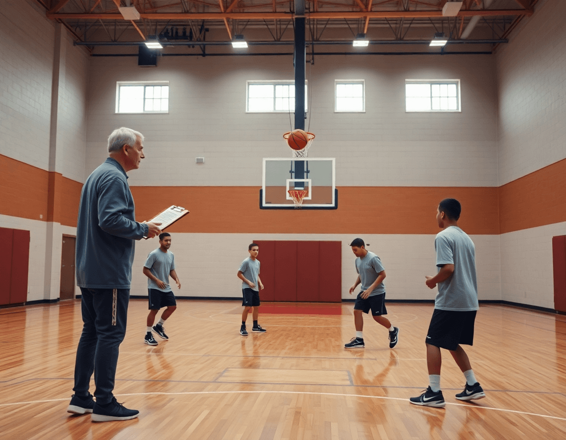 Entrenador dirige ejercicios baloncesto mini en una cancha de baloncesto con jóvenes jugadores.