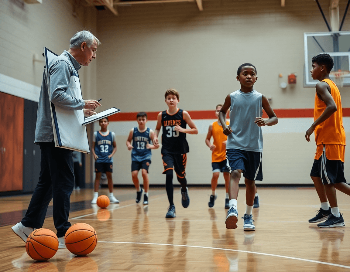 Primer plano de entrenador explicando ejercicios baloncesto niños con pizarra y balón naranja.