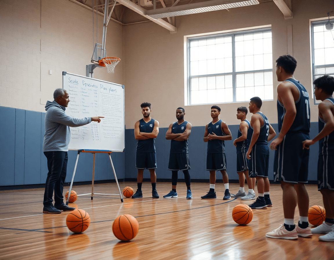 Entrenador revisa la progresión de baloncesto niños en pizarra mientras los jugadores observan clips.