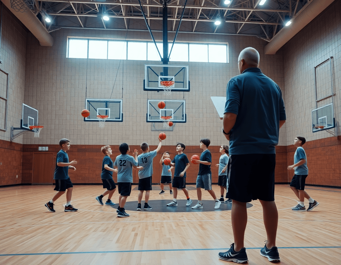 Ejercicios baloncesto niños en un gimnasio: entrenador con pizarra explica una jugada.
