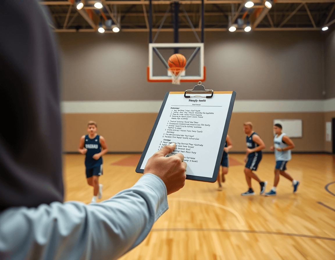 Plano medio de entrenador con libreta y checklist de baloncesto mientras los jugadores trabajan.